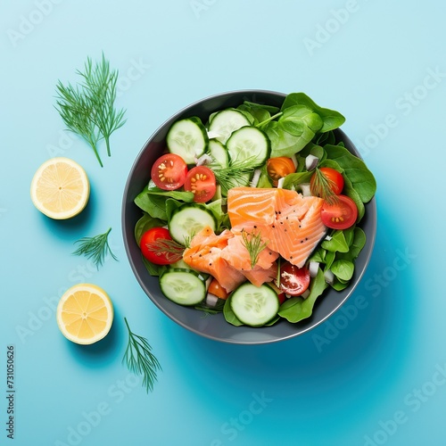Salted salmon salad with fresh green lettuce,cucumbers.Lunch bowl on a ketogenic,keto or paleo diet.Top view with lemon elements next to it on a light blue background with space for text 