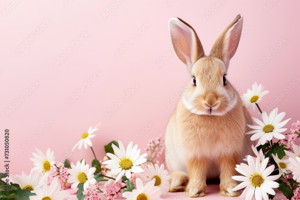 easter rabbit with flowers, easter bunny illustration on pink background, copy space easter rabbit with flowers, easter bunny illustration on pink background, copy space