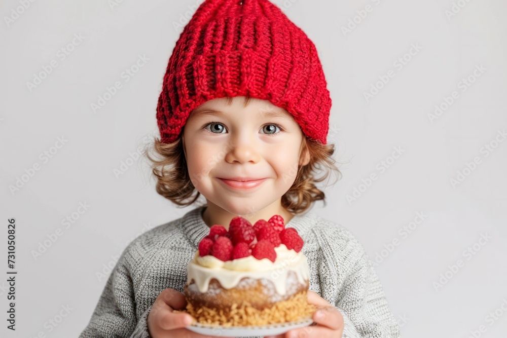 cute smiling boy in red hat holding his birthday cake over white background cute smiling boy in red hat holding his birthday cake over white background