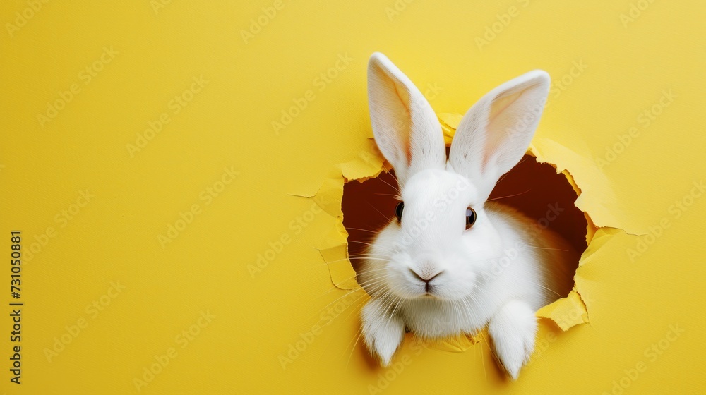 white rabbit in a hole on a yellow paper background, easter day, copy space white rabbit in a hole on a yellow paper background, easter day, copy space