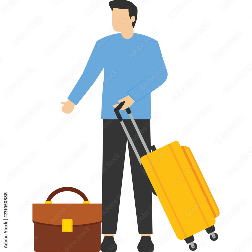 Business or tourism travel concept, work on the go. Business traveler in the airport departure area waiting for a flight. Vector illustration of a business trip. Business or tourism travel concept, work on the go. Business traveler in the airport departure area waiting for a flight. Vector illustration of a business trip.
