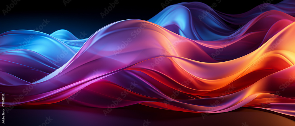 Vibrant color wave on black: Dynamic hues, vivid contrasts, glossy finish. Abstract ultra wide orange blue azure pink purple lilac dark gradient background. Banner, wallpaper, template, desktop