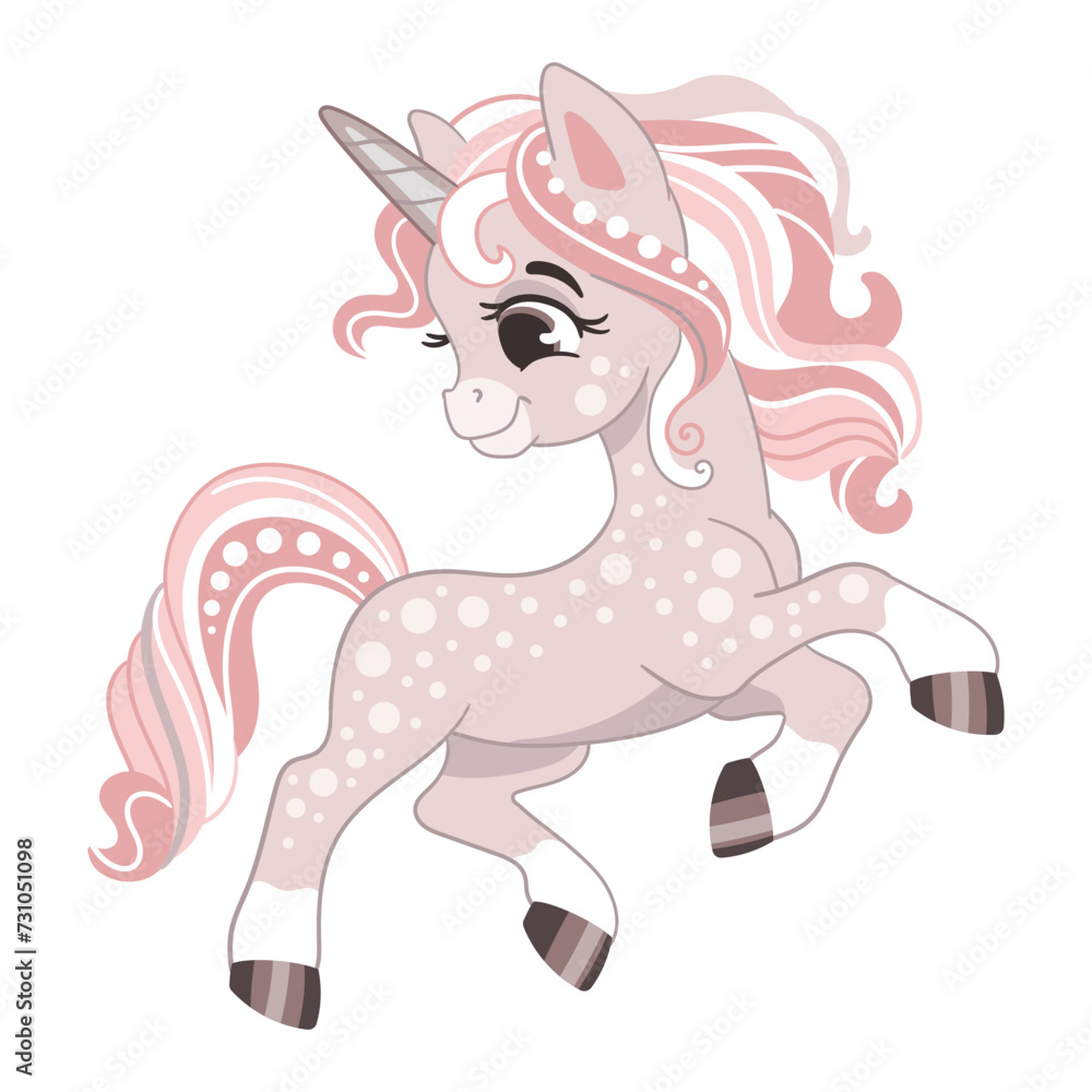 Cute pink unicorn isolated on a white background