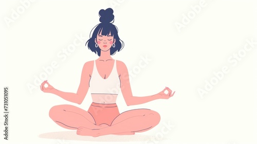 Meditate person sit lotus pose. White background illustration. Yoga studio colorful art. People practice asana. Mental health concept. Body and mind therapy. Spiritual meditation. Woman find harmony.