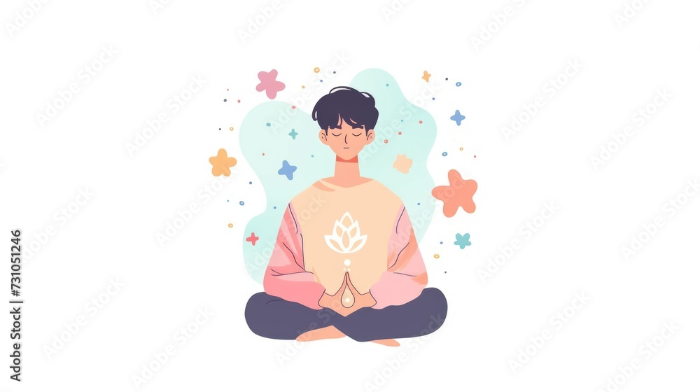 Meditate person sit lotus pose. White background illustration. Yoga studio colorful art. People practice asana. Mental health concept. Body and mind therapy. Spiritual meditation. Man find harmony. Meditate person sit lotus pose. White background illustration. Yoga studio colorful art. People practice asana. Mental health concept. Body and mind therapy. Spiritual meditation. Man find harmony.