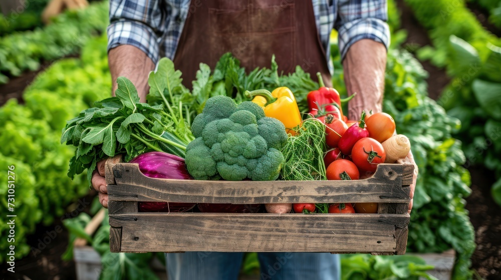 Fototapeta premium farmer holding wooden box full of fresh vegetables. harvesting season. basket with vegetables in the hands of a farmer background, healthy, organic, food, agriculture