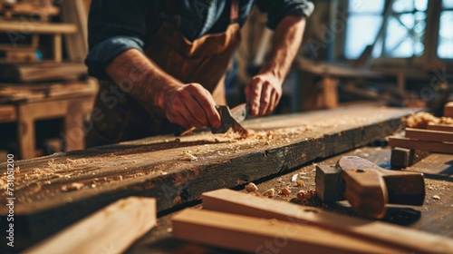 man owner a small furniture business is preparing wood for production. carpenter male is adjust wood to the desired size. architect, designer, Built-in, professional wood, craftsman, workshop.. © pinkrabbit