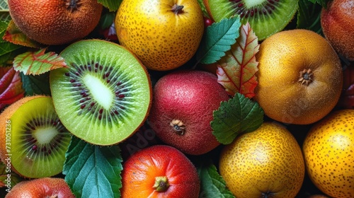 a close up of a bunch of fruit with leaves on the top and bottom of the fruit on the bottom of the picture.