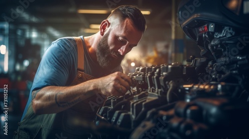 A mechanic in a well-lit garage,  examining an engine under the hood © basketman23