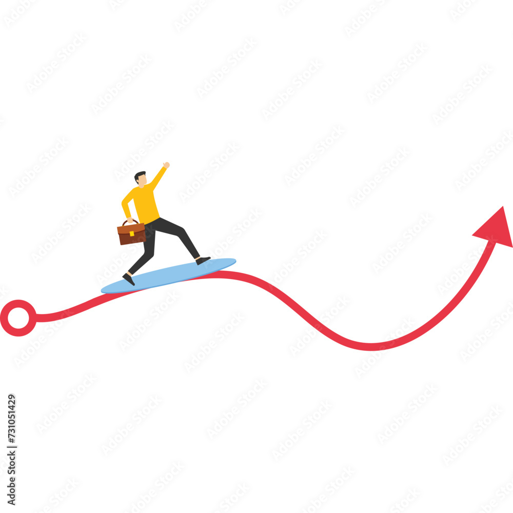 Fototapeta premium Survive stock market volatility, investment fluctuation or market ups and downs, professionally to smooth the way in market downturn, confident businessman exploring stock market wave chart.