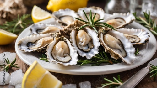 Freshly shucked oysters, served on a bed of ice and garnished with lemon and rosemary, present a classic seafood delicacy, inviting and exquisite