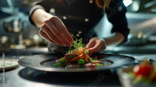 A close-up shot captures a female chef in a restaurant meticulously decorating a meal, showcasing her attention to detail and culinary expertise.