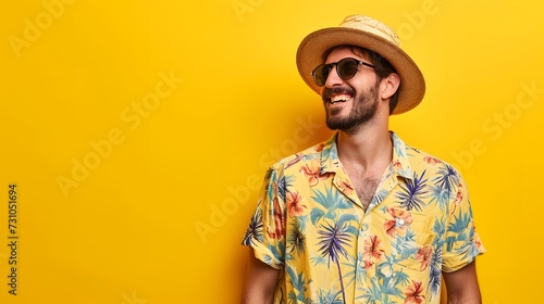 Close up of man wearing summer t-shirt, hat and sunglasses isolated on yellow background, summertime, half body. copy space, mockup.	