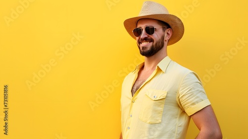 Close up of man wearing hat and sunglasses isolated on yellow background, summertime, half body. advertising, copy space, mockup. 