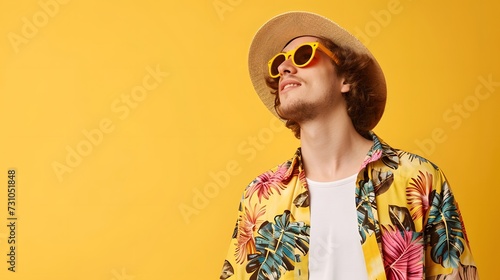 Close up of man wearing summer t-shirt, hat and sunglasses isolated on yellow background, summertime, half body. copy space, mockup. 