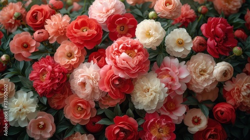 a close up of a bunch of flowers with red  pink  and white flowers in the middle of the picture.