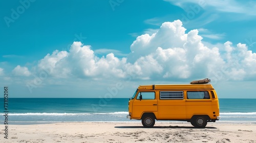 Yellow Camper surf van with blue and cloudy sky view along tropical beach coastline. retro bus, view from side, copy space.
