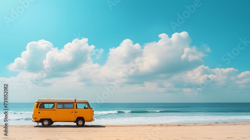 Yellow Camper surf van along tropical beach coastline with blue cloudy sky. retro bus, view from side, copy space.