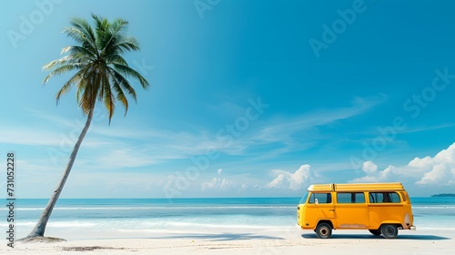 Yellow Camper surf van and palm tree along tropical beach coastline. retro bus, view from side, copy space.