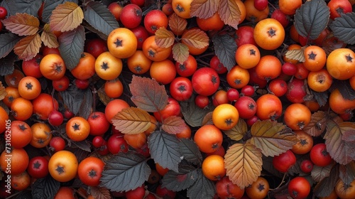 a close up of a bunch of berries with leaves on the top and bottom of the berries on the bottom and bottom of the berries on the bottom. photo