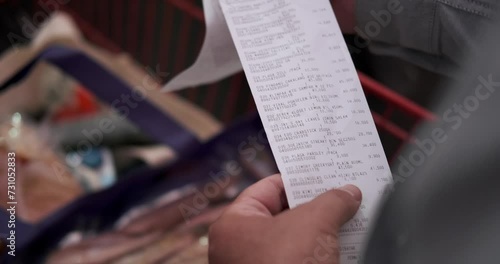 View of the hands of a man standing next to a grocery cart and holding a receipt with a list of products and expenses. Counting money spent at the grocery store. Saving money.