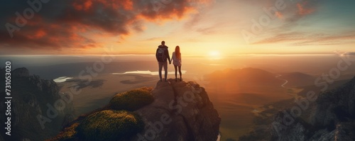A couple stands atop a cliff, gazing at the sunset.