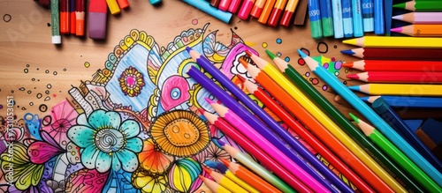 Coloring pages  felt-tip pens  pencils  notebook and toys on grunge background.