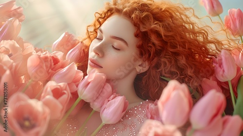 Dreamy woman with curly red hair among pink tulips. peaceful, romantic scene. ideal for spring themes. portrait of femininity surrounded by flowers. AI photo