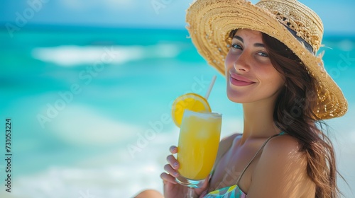 Woman sipping pina colada on paradise beach in warm sunny summer day with copy space