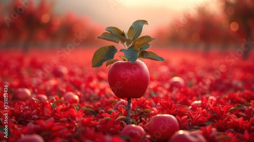 a red apple with a green leaf on top of it in the middle of a field full of red flowers. photo