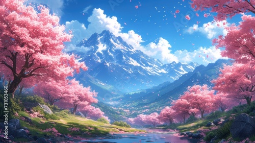 a painting of a mountain with a river running through it and pink trees in the foreground and a blue sky with white clouds in the background.