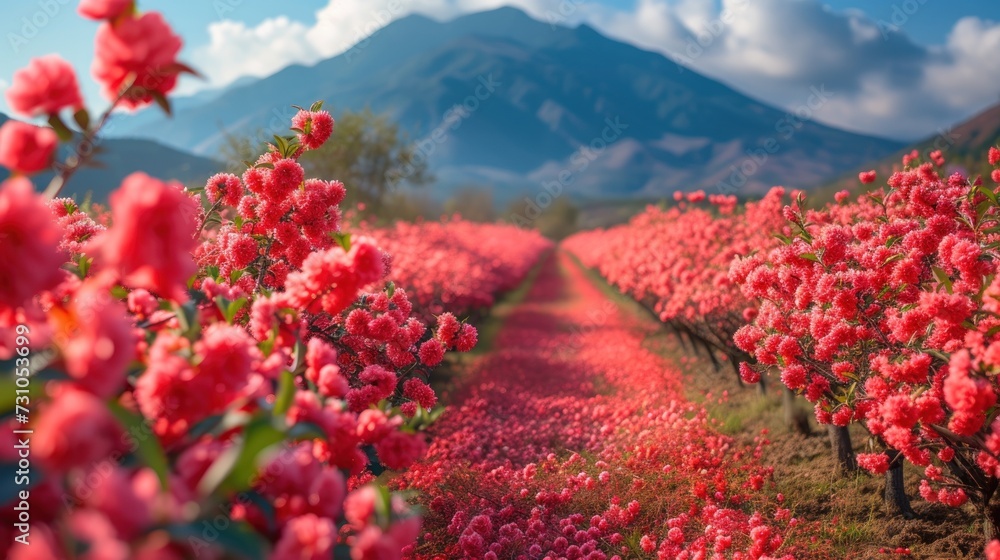 a field full of red flowers with a mountain in the backgrounnd of the field in the background.