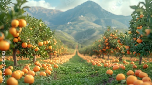 a field full of oranges with a mountain in the backgroup of the picture in the background. photo
