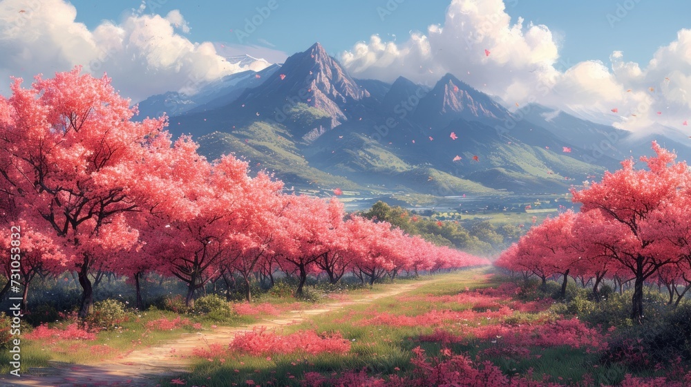 a painting of a dirt road surrounded by trees with pink flowers in the foreground and a mountain range in the background.