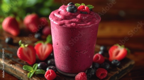 a smoothie with blueberries and strawberries on a wooden table next to a bunch of green leaves and strawberries. photo