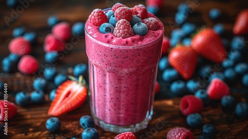 a smoothie with blueberries, raspberries, and strawberries on a table surrounded by blueberries and strawberries. photo