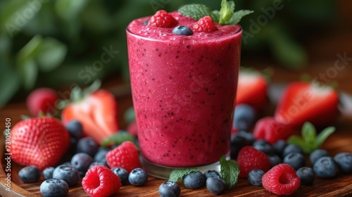 a smoothie with blueberries, raspberries, and strawberries on a wooden plate with green leaves. photo