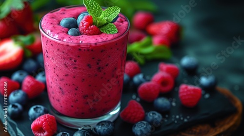 a smoothie is garnished with blueberries, raspberries, and mint on a black plate. photo
