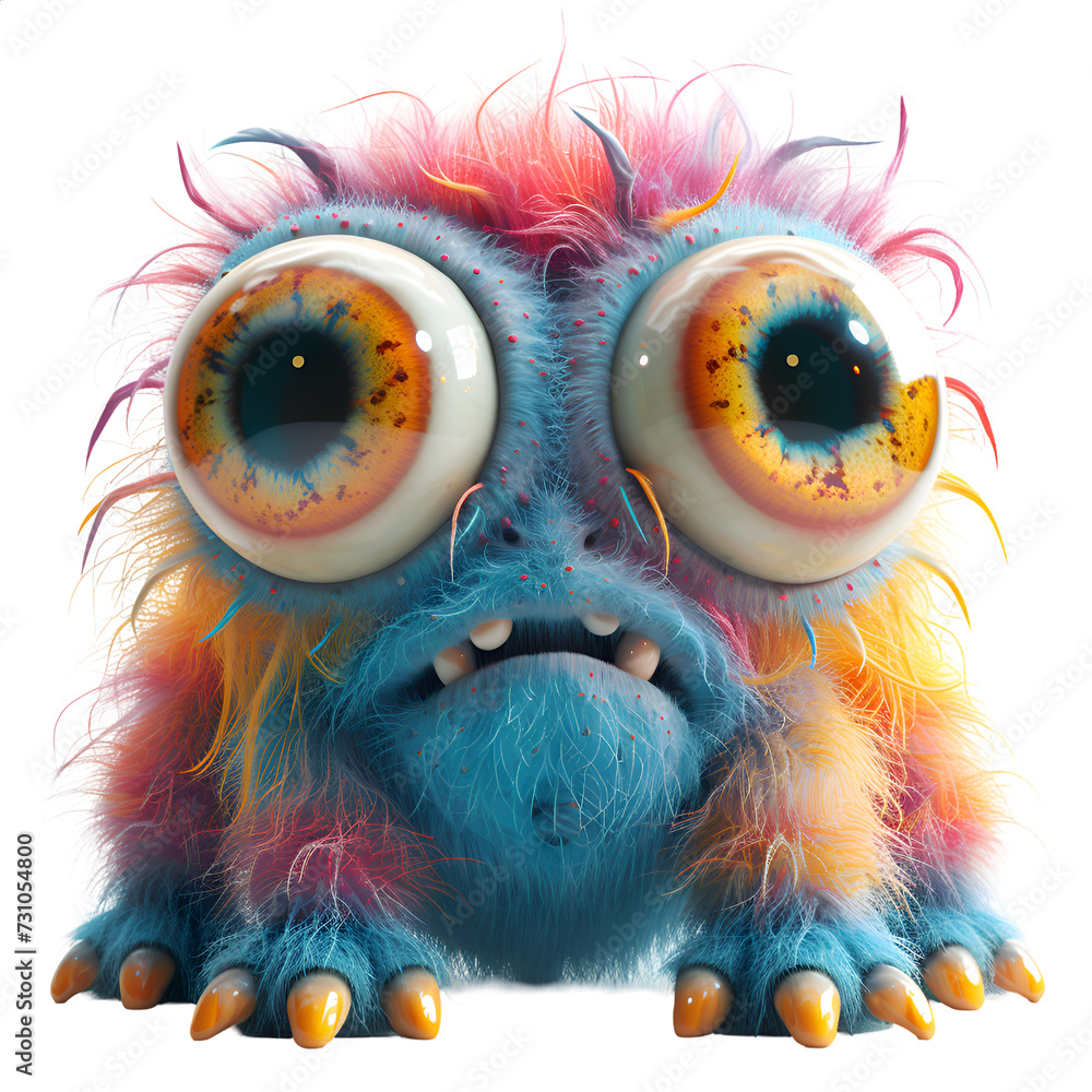 A 3D animated cartoon render of a playful monster with vibrant fur and many eyes. Created with generative AI.