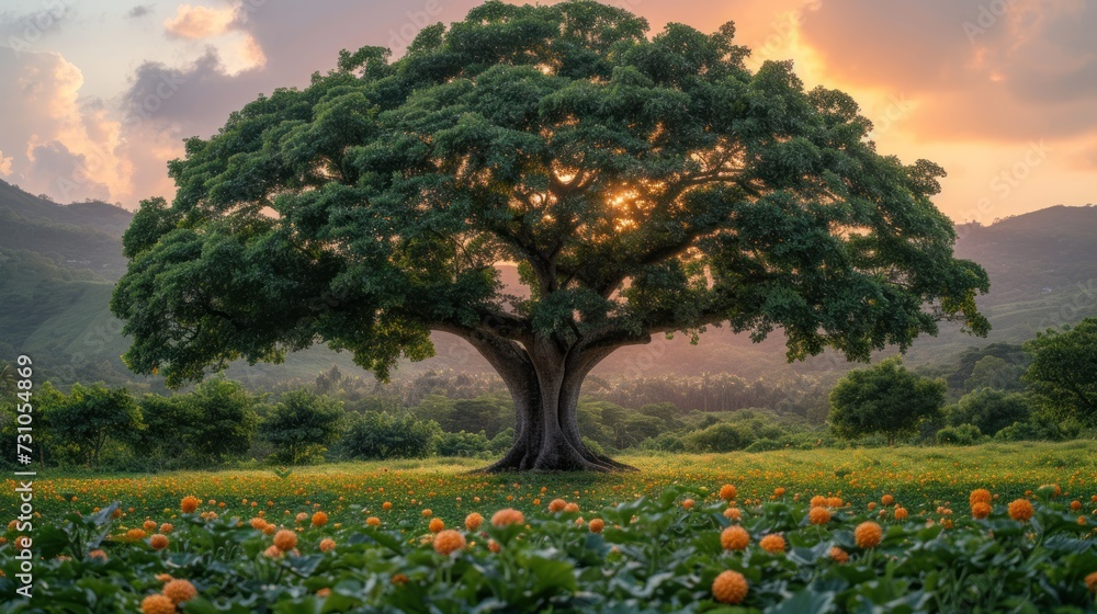 a large tree sitting in the middle of a lush green field with lots of orange flowers in the foreground. a large tree sitting in the middle of a lush green field with lots of orange flowers in the foreground.