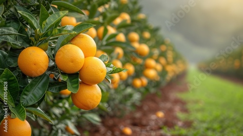 a tree filled with lots of oranges on top of a lush green field with a field in the background. photo
