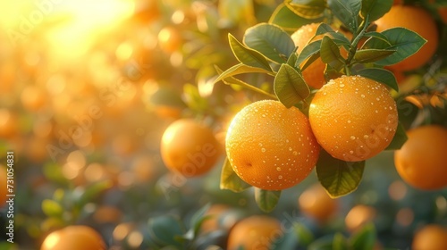 a group of oranges hanging from a tree with water droplets on them and green leaves in the foreground.