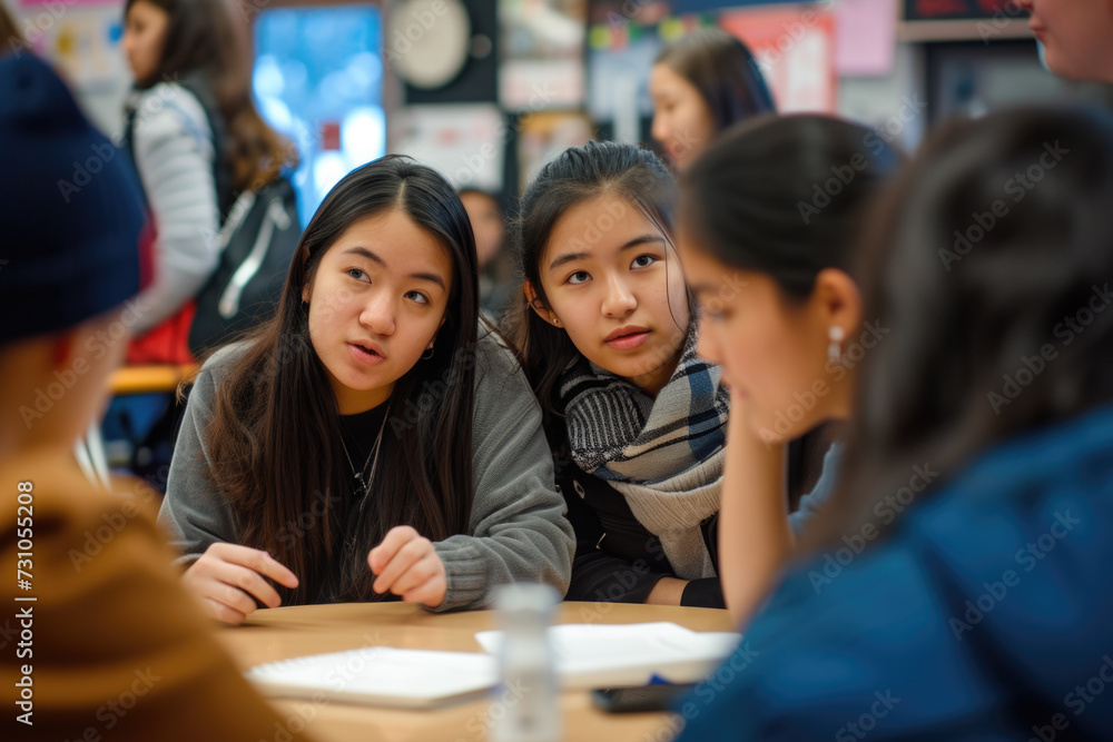 Academic Discourse A Group of Students Engaged in Discussion Around the Table. AI Generate Image. Academic Discourse A Group of Students Engaged in Discussion Around the Table. AI Generate Image.