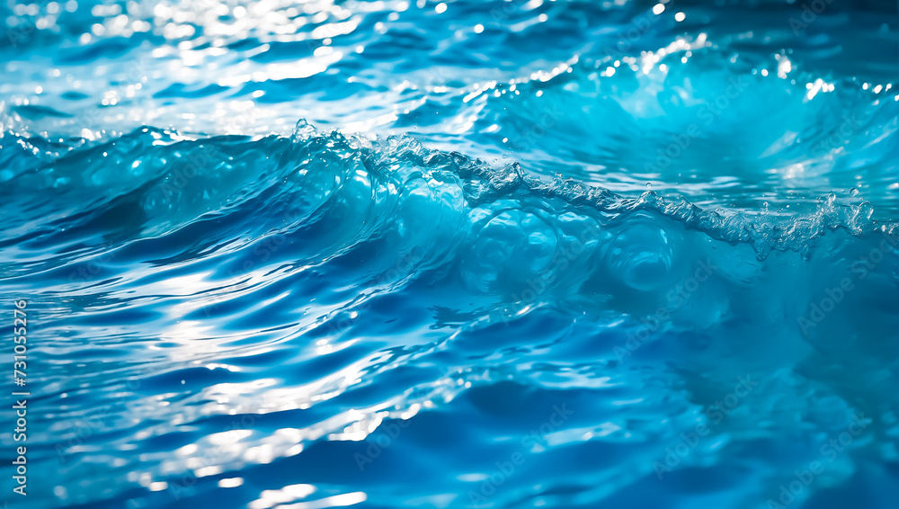 Blue wave background wallpaper, water ripples, natural drops, water splashes, beautiful realistic background of sea or ocean, nature concept.