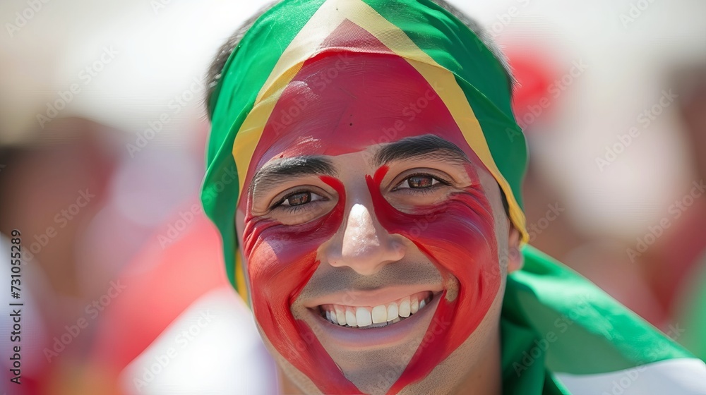 Excited portugal fan with painted face, blurry stadium background, copy space for text.