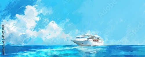 Minimalist abstract digital illustration depicts a watercolor-style drawing of a cruise ship sailing on the sea against a blue sky.