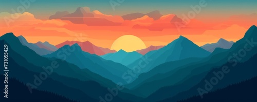 Flat-style illustration showcasing dramatic sunset sky over mountain peaks.