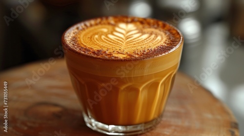 a cappuccino sitting on top of a wooden table next to a glass filled with liquid on top of a wooden table.