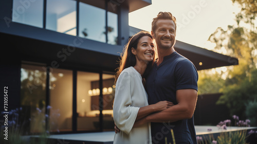 A couple in love hugging in front of their new modern luxury villa house, front view of a happy couple, buying a new villa or modern house, real estate concept. photo