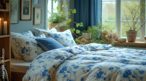 a bed with a blue and white comforter in a room with potted plants on the side of the bed.